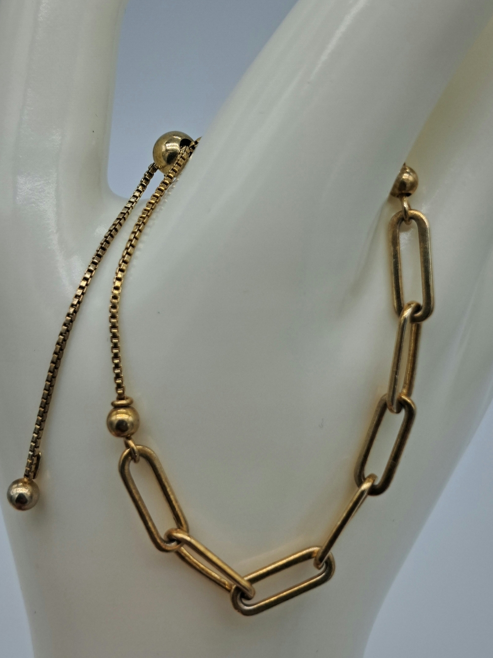 Gold-Tone S925 Adjustable Box & Paperclip Chain Bracelet - Picture 2 of 8
